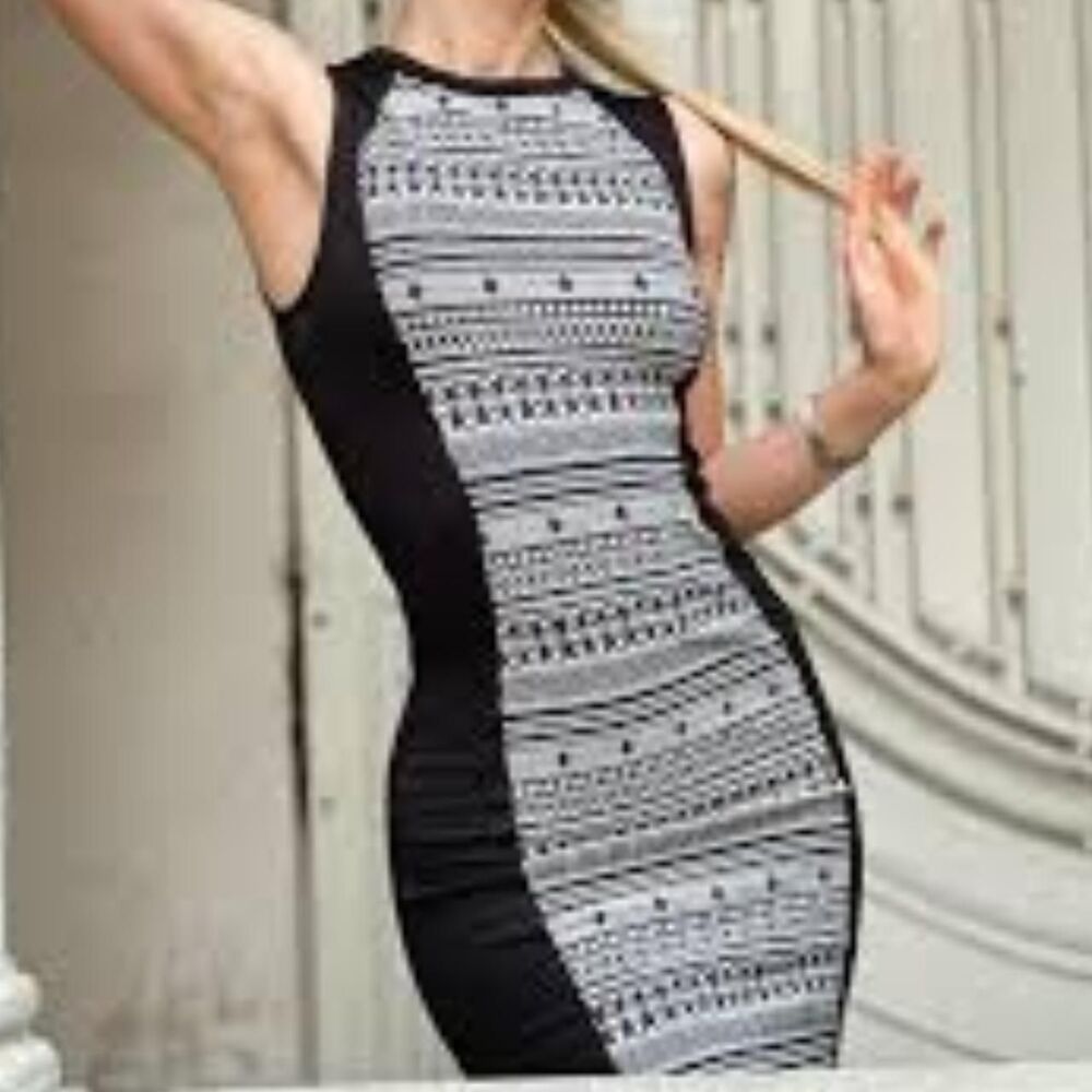 H&M Black White Geometric Knit Bodycon Dress - Small